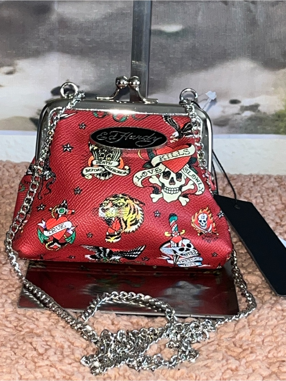 Ed Hardy Red Tattoo-Print Kisslock Coin Purse/Crossbody with Silver Chain